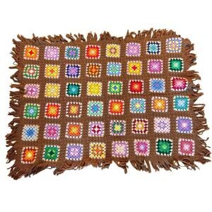 Vintage Multicolor Granny Square Crochet Throw Blanket 54x42 Fringed Edges Boho